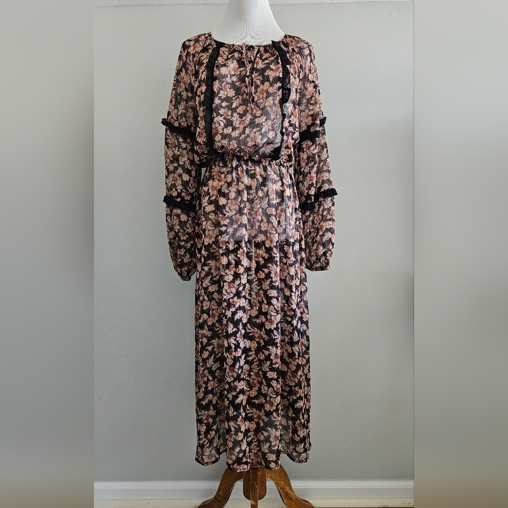 KNOX ROSE | Floral Black and Brown Sheer Dress